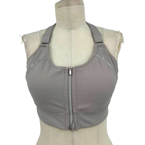 Athleta‎ Empower Sports Bra Taupe Grey Zip Front Brami Racerback Size Medium - Picture 3 of 8